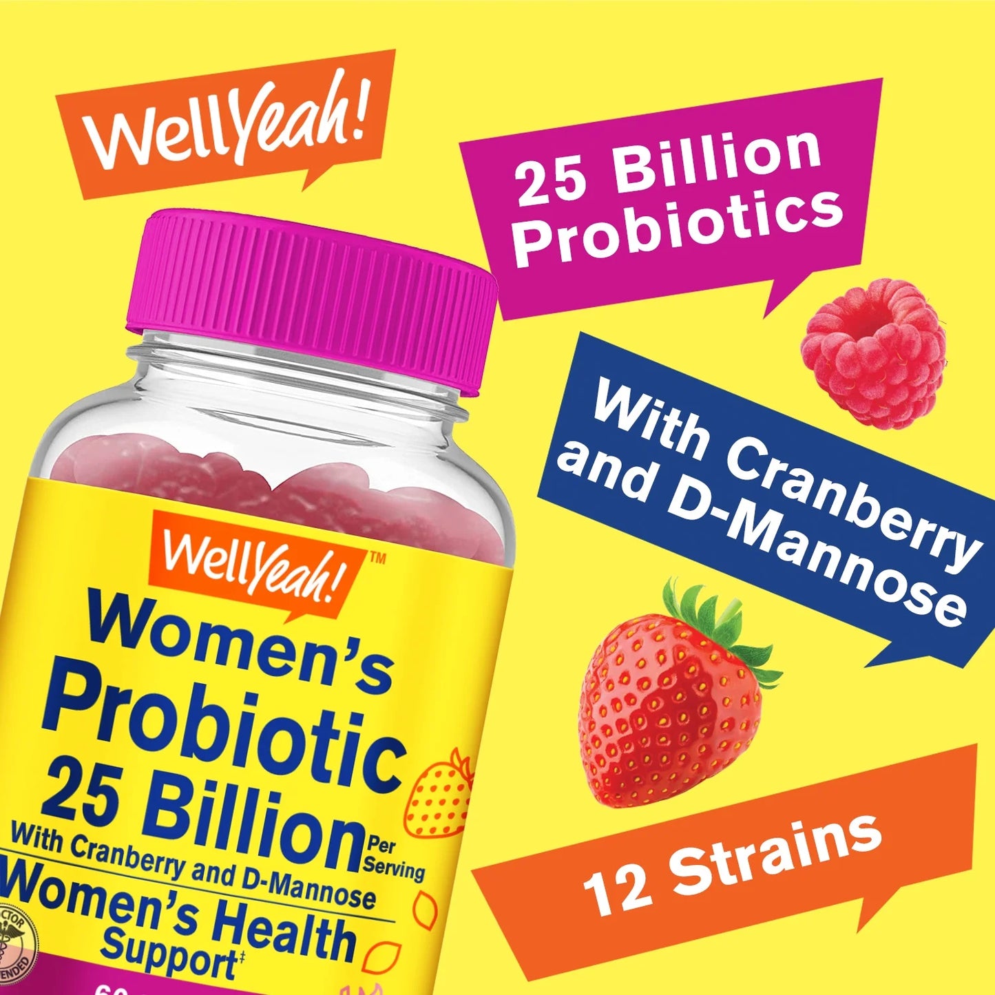 25 Billion Probiotics for Women with Cranberry and D-Mannose Gummies - Vaginal Health, Digestive Support, Gut Health, and Feminine Health - Womens Probiotic with 12 Strains - 60 Gummies