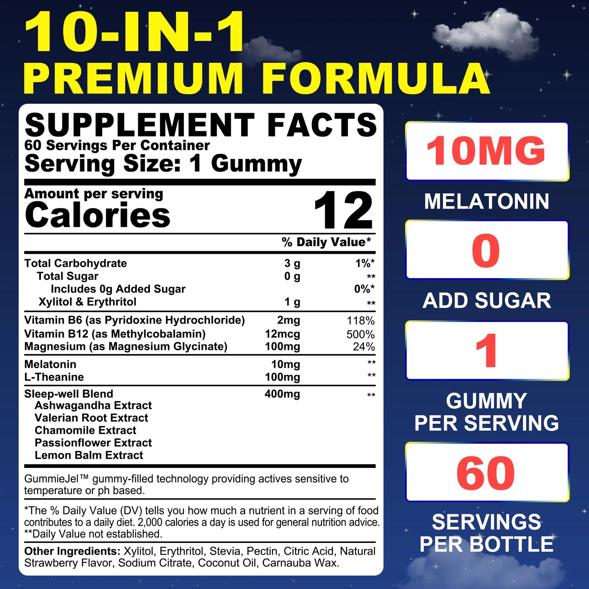 Melatonin 10Mg Gummies for Adults, with L-Theanine, Ashwagandha, B6, Methyl B12, 1Pack