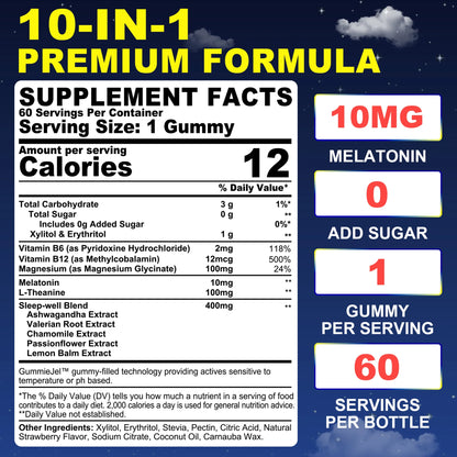 Melatonin 10Mg Gummies for Adults, with L-Theanine, Ashwagandha, B6, Methyl B12, 1Pack
