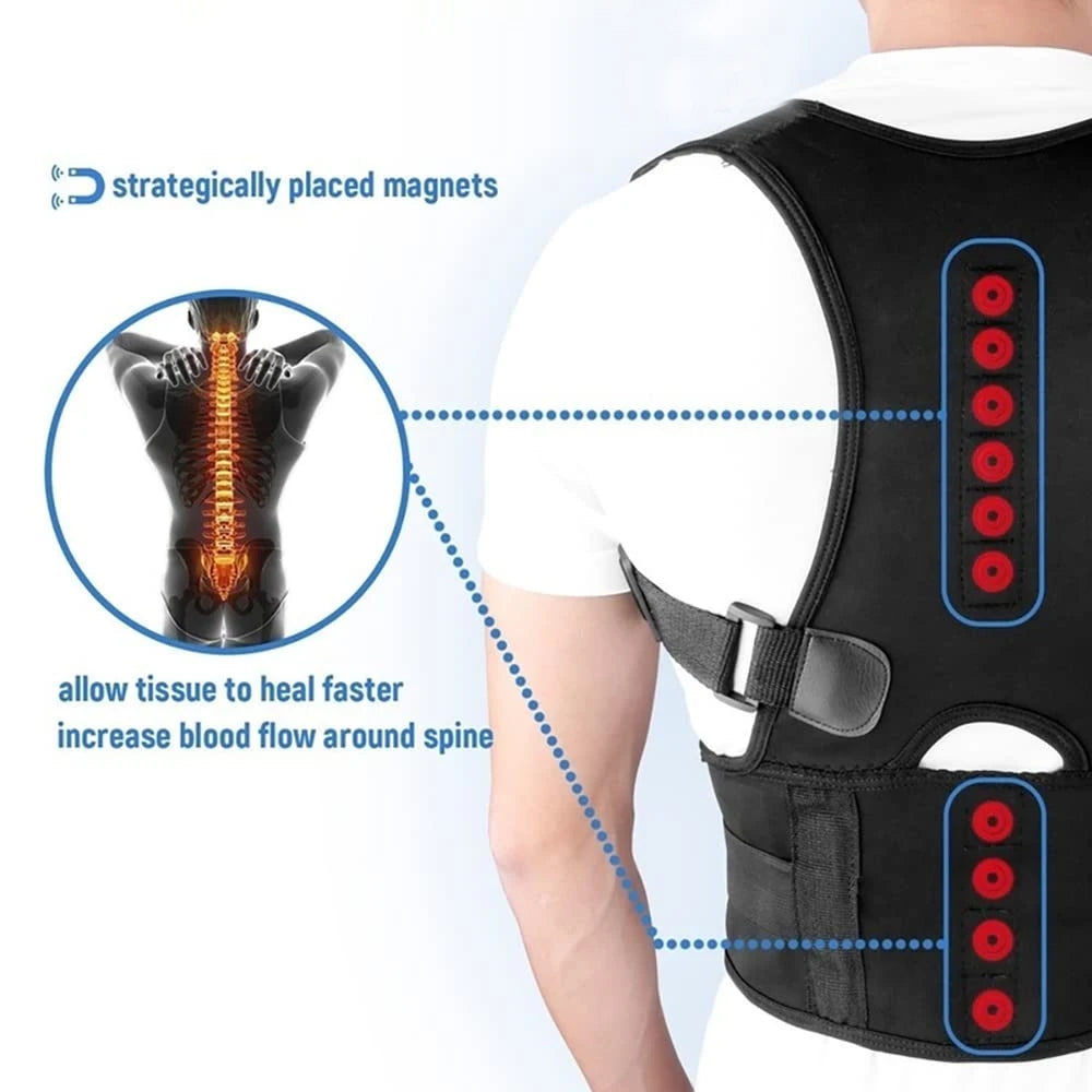 Thoracic Back Brace Posture Corrector - Magnetic Support for Neck Shoulder Upper and Lower Back Pain Relief - Adjustable Belt
