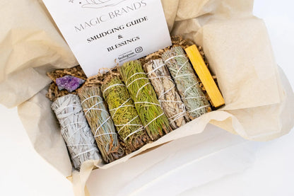 White Sage Smudge Kit, Amethyst Cluster, Palo Santo, Smudging Feather, Blue Sage, Cedar, Juniper, Rosemary, Yerba Santa, Home Detox Cleanse