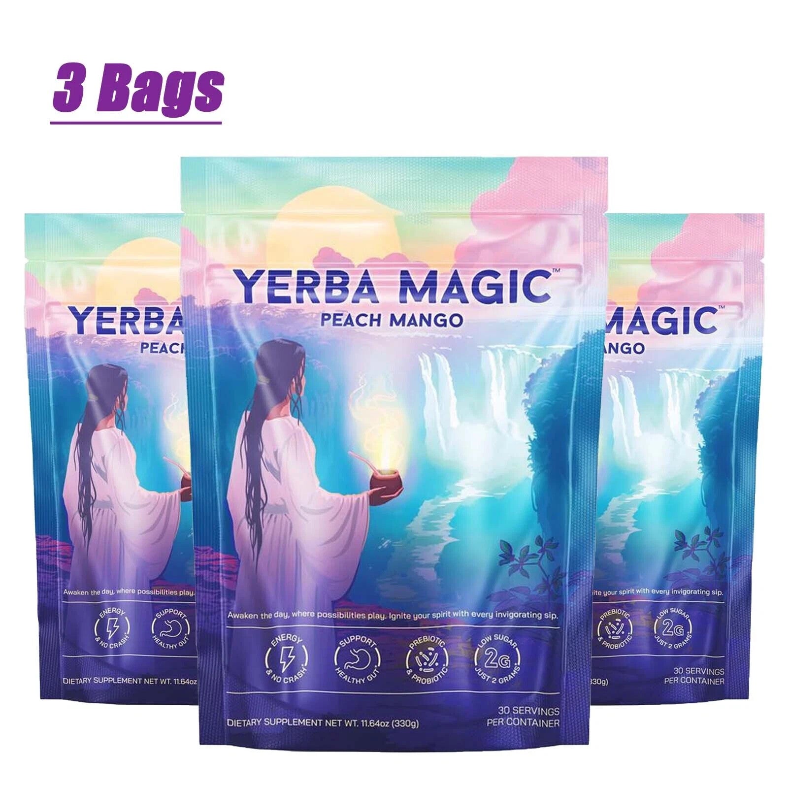3X Yerba Magic Yerba Mate Instant Tea Powder - Peach Mango Flavors - 30 Servings