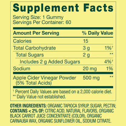 Non GMO Dietary Supplement Gummies, Apple Cider Vinegar, 500 Mg, 60 Count