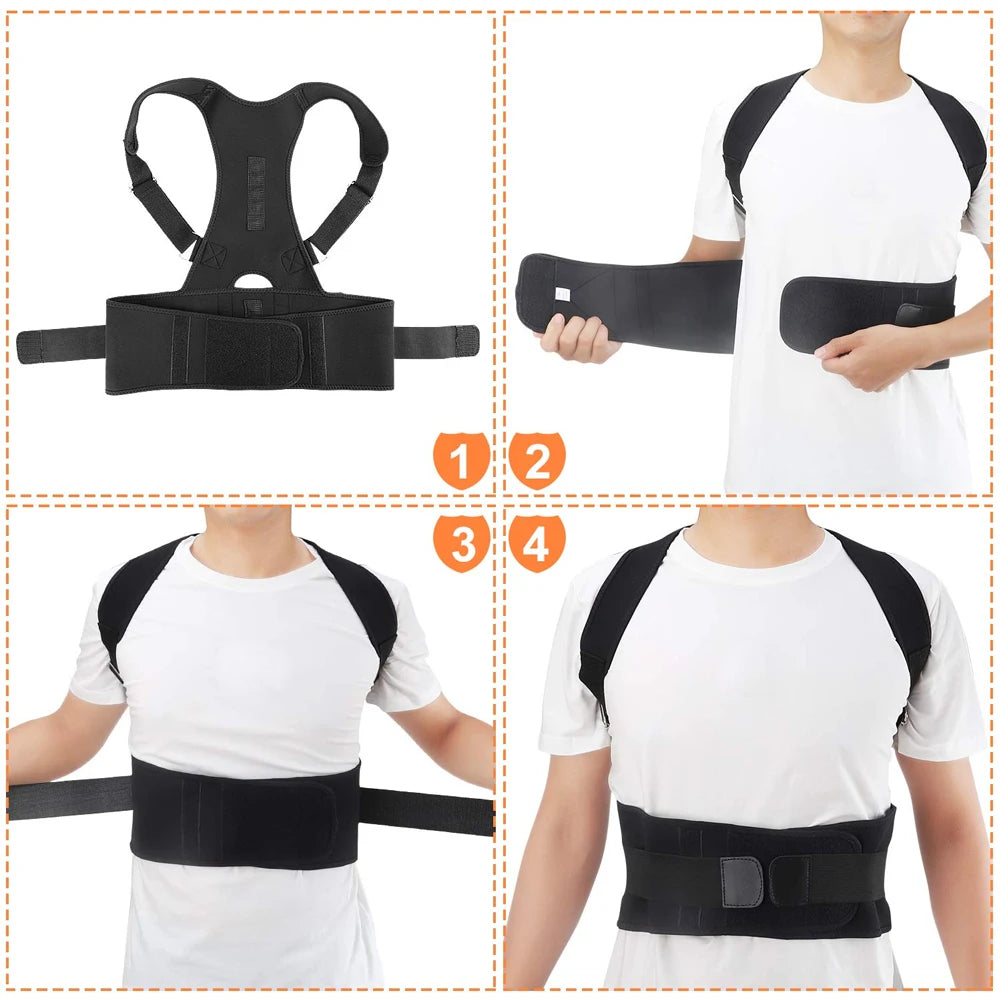 Thoracic Back Brace Posture Corrector - Magnetic Support for Neck Shoulder Upper and Lower Back Pain Relief - Adjustable Belt